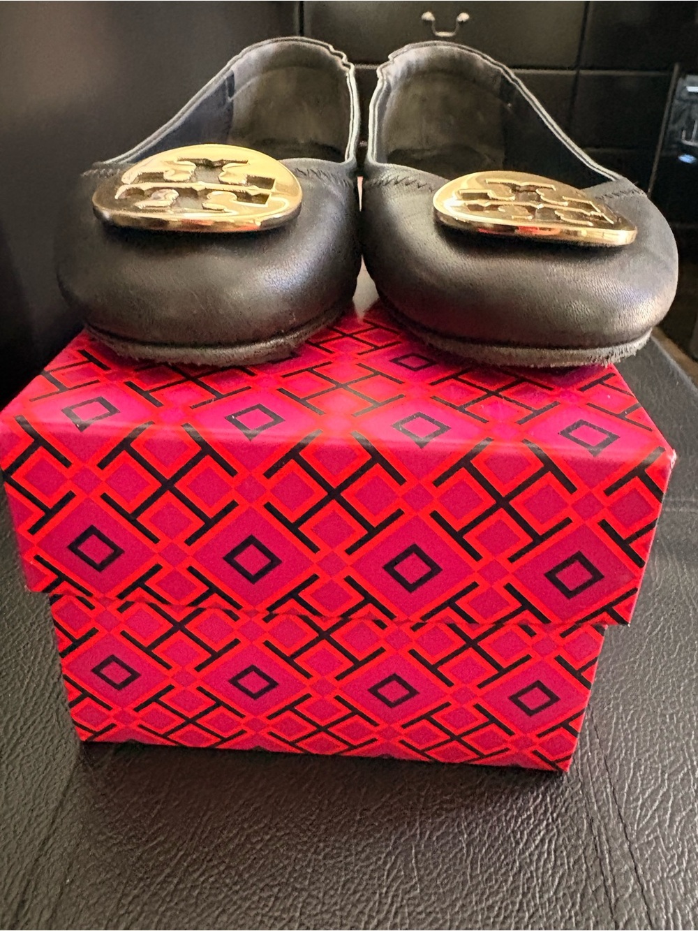 Tory Burch Black Leather Flats with Gold Logo Medallions - Picture 6 of 10